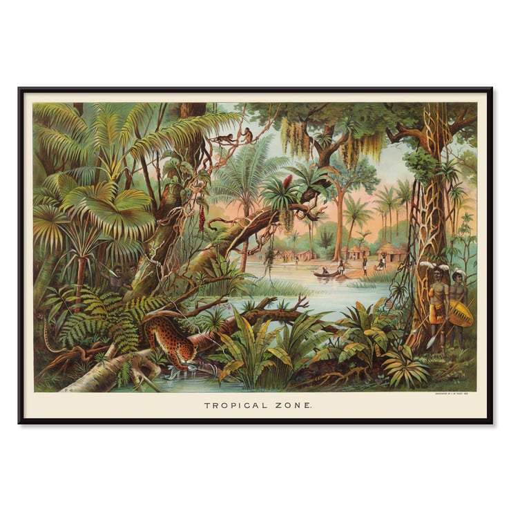 Tropical Zone by Levi Walter Yaggy depicting vibrant jungle scene with wildlife and people near a river. Poster of a vibrant jungle scene with wildlife and people by Levi Walter Yaggy titled Tropical Zone.