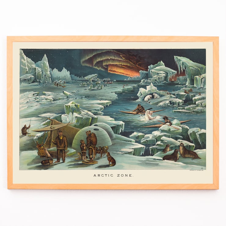 Arctic landscape with igloos and aurora by Levi Walter Yaggy titled Arctic Zone Poster of Arctic scene with icebergs, people in winter attire, igloo, sled dogs, and aurora by Levi Walter Yaggy titled Arctic Zone