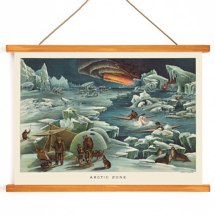 Arctic landscape with igloos and aurora by Levi Walter Yaggy titled Arctic Zone Poster of Arctic scene with icebergs, people in winter attire, igloo, sled dogs, and aurora by Levi Walter Yaggy titled Arctic Zone