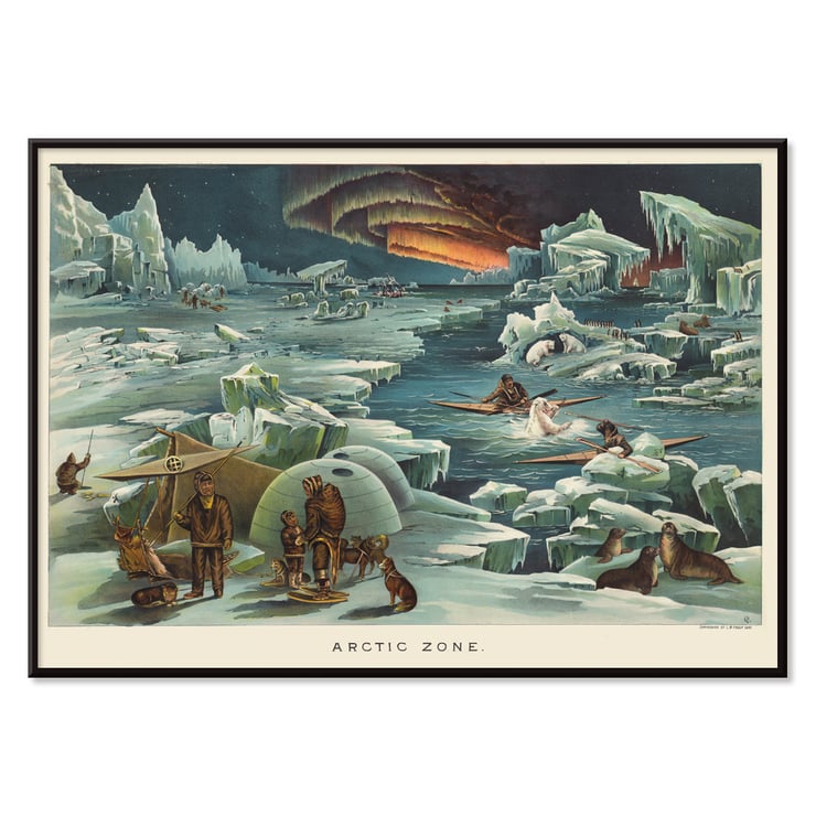 Arctic landscape with igloos and aurora by Levi Walter Yaggy titled Arctic Zone Poster of Arctic scene with icebergs, people in winter attire, igloo, sled dogs, and aurora by Levi Walter Yaggy titled Arctic Zone