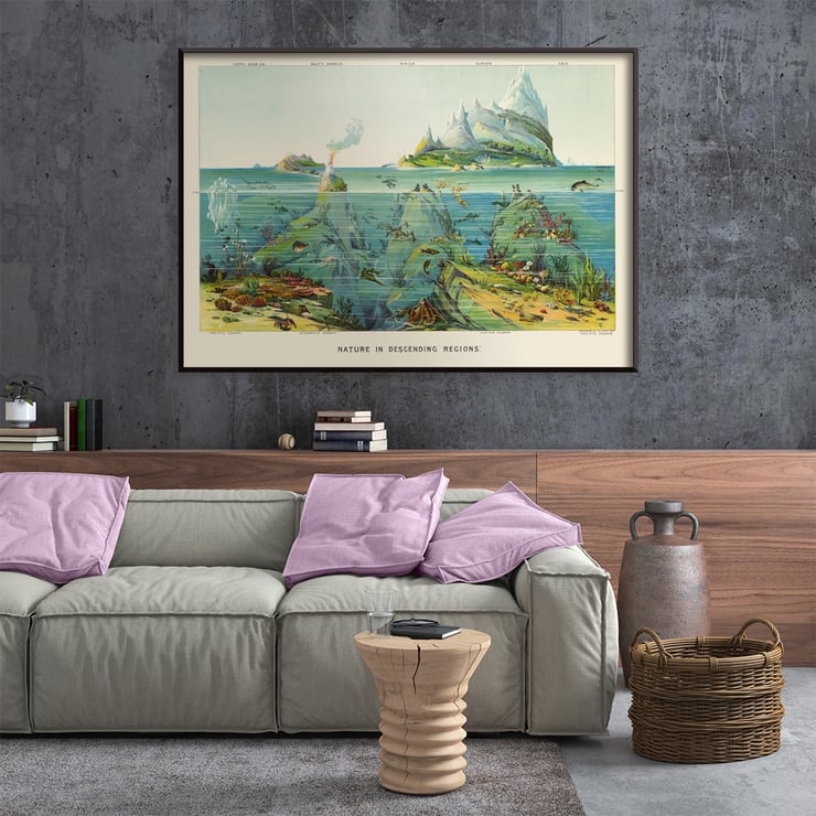 Vibrant undersea landscape with islands and aquatic life by Levi Walter Yaggy Nature in Descending Regions Poster titled Nature in Descending Regions by Levi Walter Yaggy depicting diverse marine life and landscapes in vibrant colors