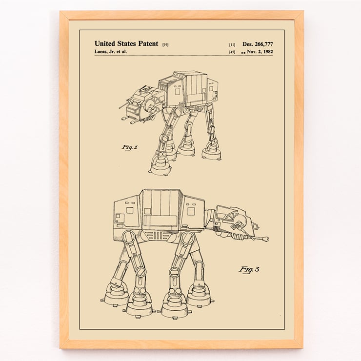 Star Wars AT-AT Patent by Lucas Jr featuring mechanical design sketches in a framed illustration. Star Wars AT-AT Patent poster featuring technical sketches by Lucas Jr artist depicting iconic sci-fi vehicle design.