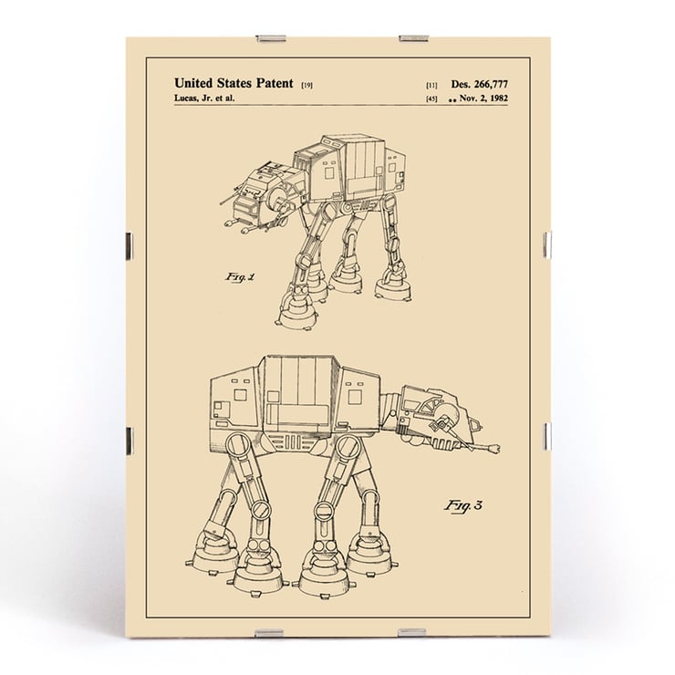 Star Wars AT-AT Patent by Lucas Jr featuring mechanical design sketches in a framed illustration. Star Wars AT-AT Patent poster featuring technical sketches by Lucas Jr artist depicting iconic sci-fi vehicle design.