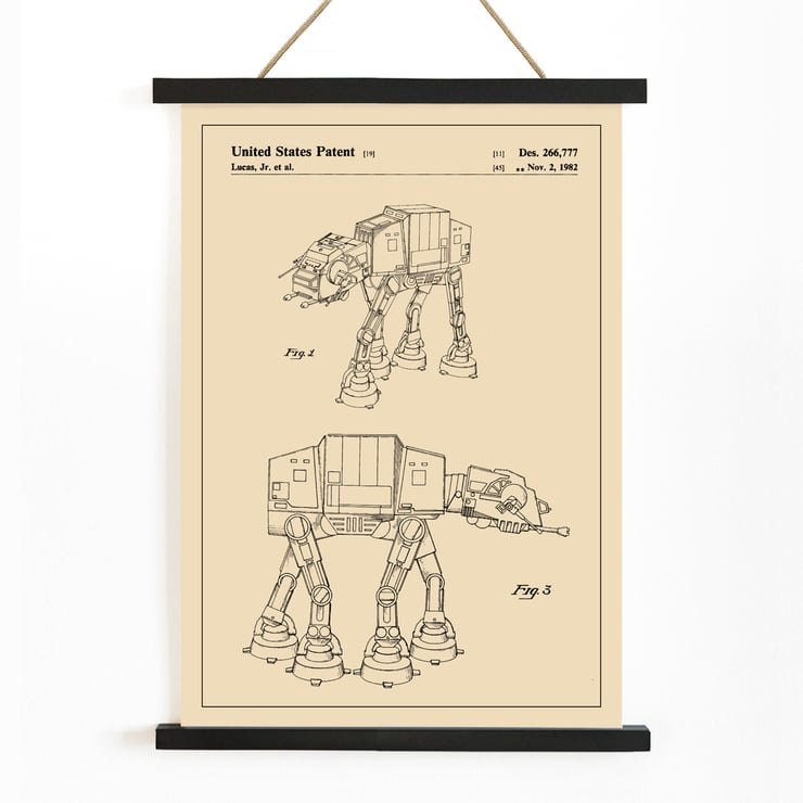 Star Wars AT-AT Patent by Lucas Jr featuring mechanical design sketches in a framed illustration. Star Wars AT-AT Patent poster featuring technical sketches by Lucas Jr artist depicting iconic sci-fi vehicle design.