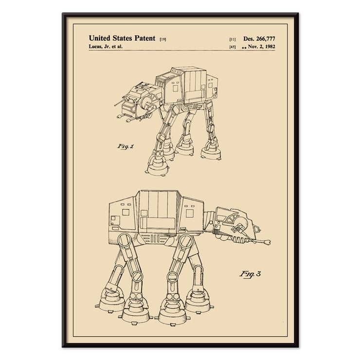 Star Wars AT-AT Patent by Lucas Jr featuring mechanical design sketches in a framed illustration. Star Wars AT-AT Patent poster featuring technical sketches by Lucas Jr artist depicting iconic sci-fi vehicle design.