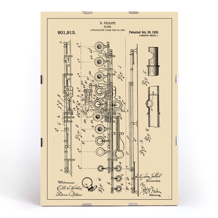 Flute Patent by D Julliot features detailed technical drawings of a flute design. Poster featuring a detailed flute design patent by D. Julliot titled Flute Patent against a vintage background with annotations.
