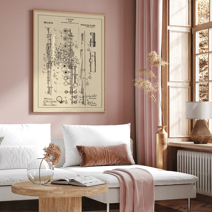 Flute Patent by D Julliot features detailed technical drawings of a flute design. Poster featuring a detailed flute design patent by D. Julliot titled Flute Patent against a vintage background with annotations.