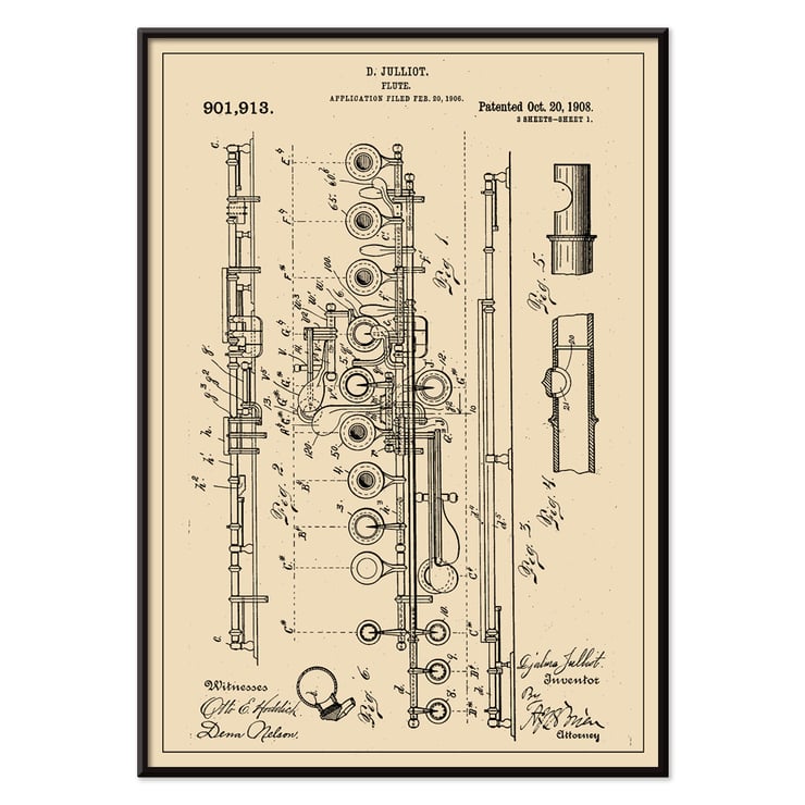 Flute Patent by D Julliot features detailed technical drawings of a flute design. Poster featuring a detailed flute design patent by D. Julliot titled Flute Patent against a vintage background with annotations.