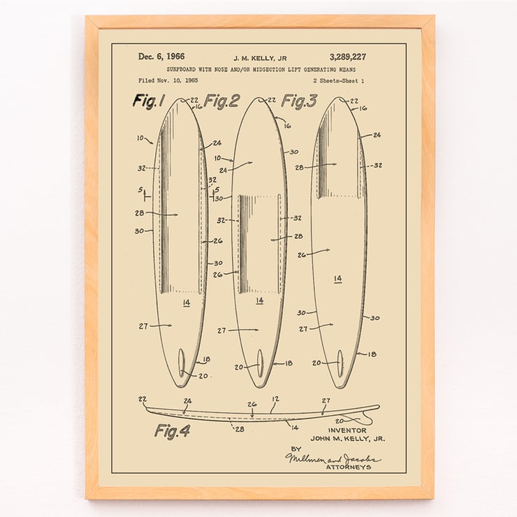 Surfboard Patent by John M. Kelly Jr showcasing surfboard design schematics Poster featuring surfboard design artwork titled Surfboard Patent by John M Kelly Jr displaying technical illustrations.