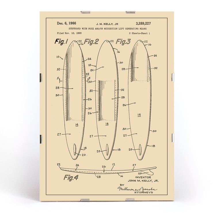 Surfboard Patent by John M. Kelly Jr showcasing surfboard design schematics Poster featuring surfboard design artwork titled Surfboard Patent by John M Kelly Jr displaying technical illustrations.