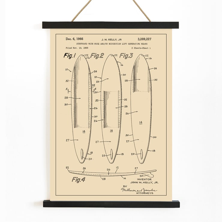Surfboard Patent by John M. Kelly Jr showcasing surfboard design schematics Poster featuring surfboard design artwork titled Surfboard Patent by John M Kelly Jr displaying technical illustrations.