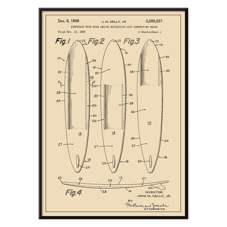 Surfboard Patent by John M. Kelly Jr showcasing surfboard design schematics Poster featuring surfboard design artwork titled Surfboard Patent by John M Kelly Jr displaying technical illustrations.