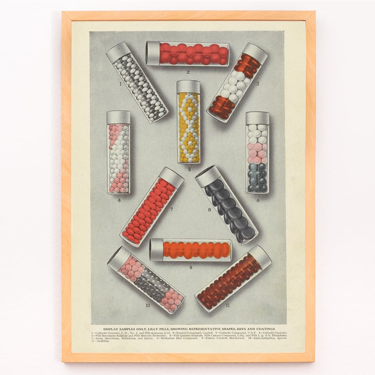 Lilly Pills by Eli Lilly & Company features various colorful pill samples in glass vials. Poster of various pill samples in glass vials Lilly Pills by Eli Lilly & Company displaying shapes sizes and coatings.