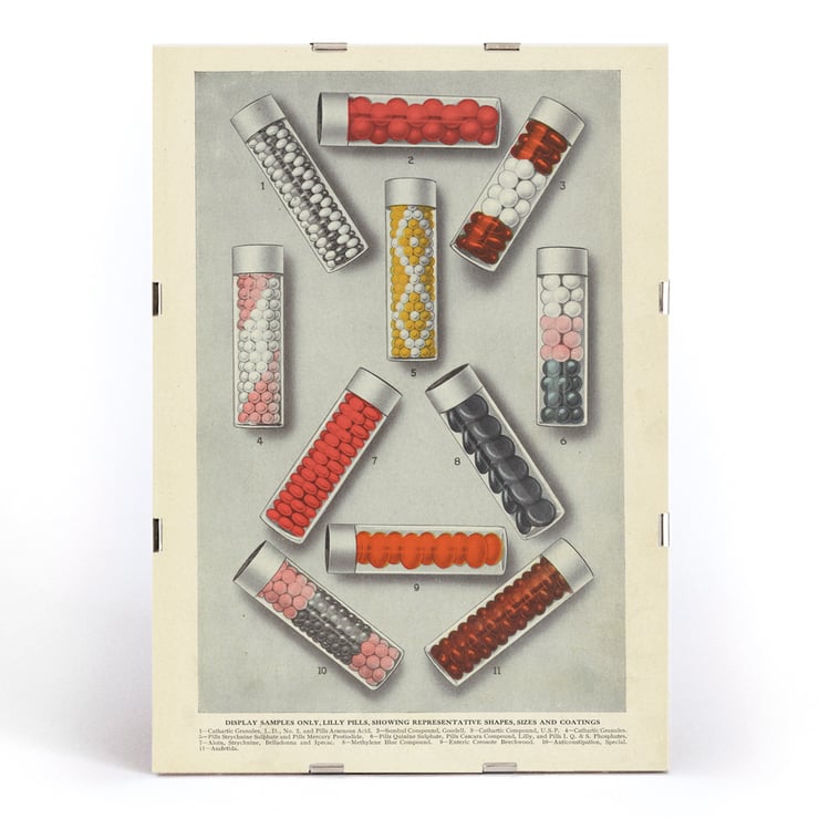 Lilly Pills by Eli Lilly & Company features various colorful pill samples in glass vials. Poster of various pill samples in glass vials Lilly Pills by Eli Lilly & Company displaying shapes sizes and coatings.