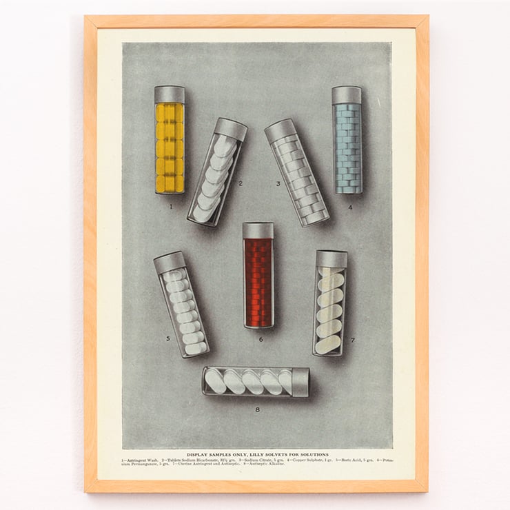 Lilly-Solvets für Lösungen von Eli Lilly and Company mit bunten chemischen Proben in Glasröhrchen. Poster mit verschiedenen bunten Fläschchen mit Tabletten von Lilly Solvets für Lösungen von Eli Lilly & Company.
