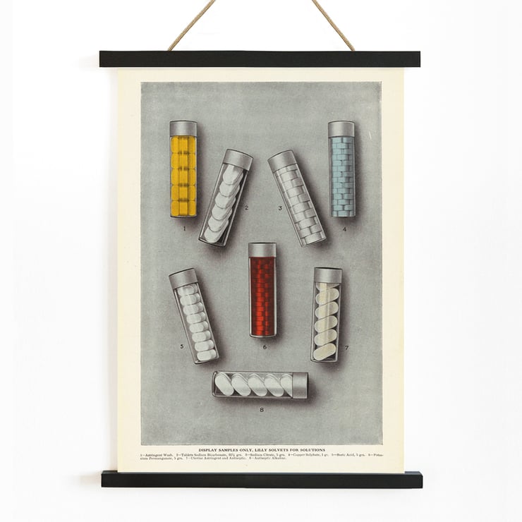 Lilly-Solvets für Lösungen von Eli Lilly and Company mit bunten chemischen Proben in Glasröhrchen. Poster mit verschiedenen bunten Fläschchen mit Tabletten von Lilly Solvets für Lösungen von Eli Lilly & Company.