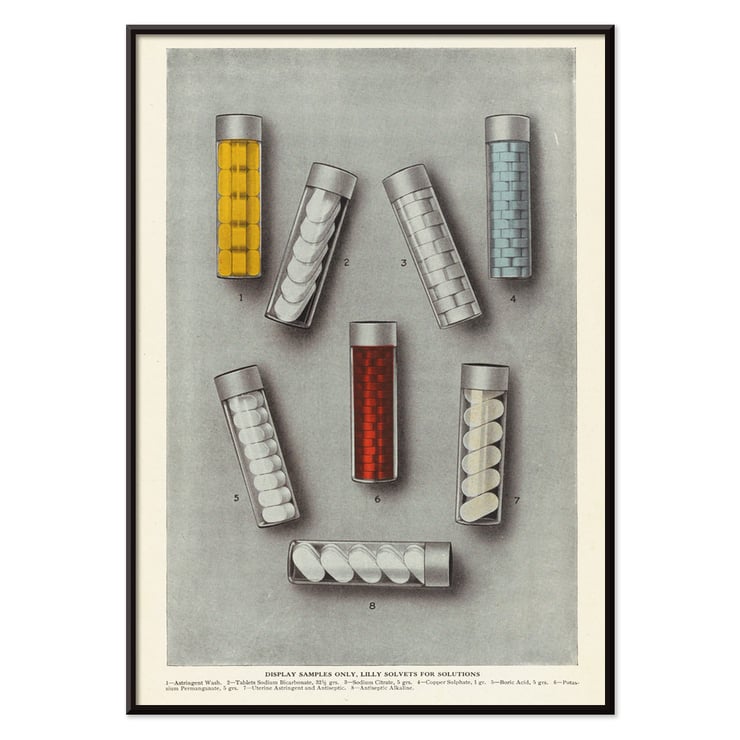 Lilly-Solvets für Lösungen von Eli Lilly and Company mit bunten chemischen Proben in Glasröhrchen. Poster mit verschiedenen bunten Fläschchen mit Tabletten von Lilly Solvets für Lösungen von Eli Lilly & Company.