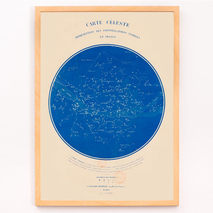 Carte céleste représentant les constellations visibles en France by R Barbot featuring a detailed star map on a blue background. Poster of a celestial map of constellations visible in France titled Carte céleste by R. Barbot.