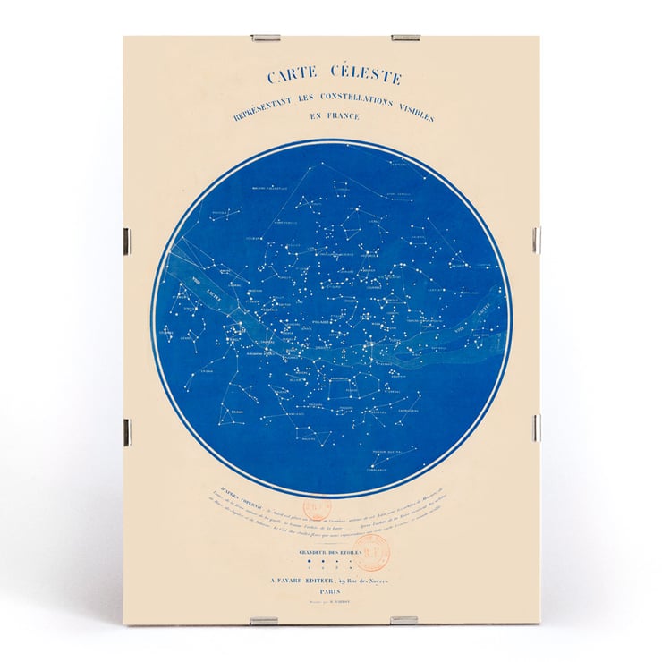 Carte céleste représentant les constellations visibles en France by R Barbot featuring a detailed star map on a blue background. Poster of a celestial map of constellations visible in France titled Carte céleste by R. Barbot.