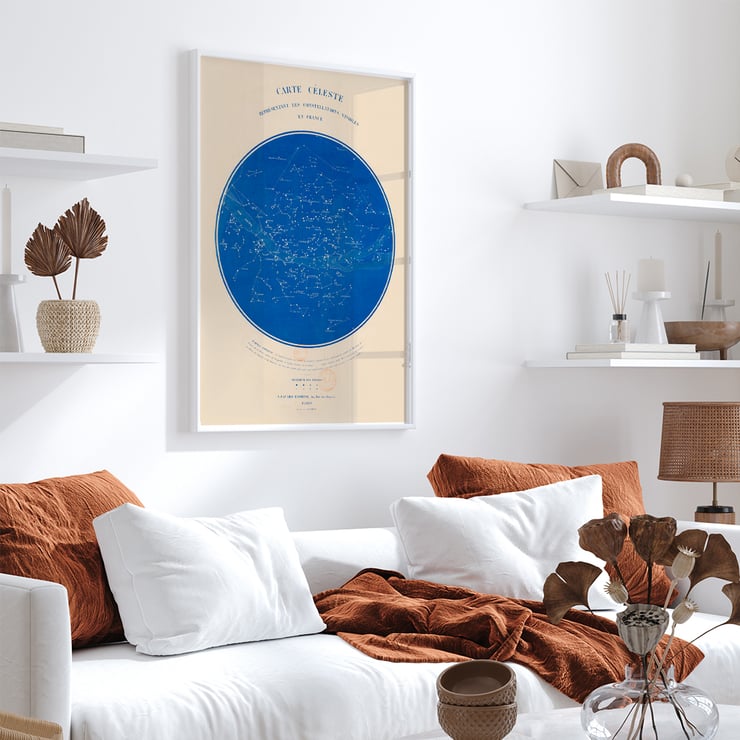 Carte céleste représentant les constellations visibles en France by R Barbot featuring a detailed star map on a blue background. Poster of a celestial map of constellations visible in France titled Carte céleste by R. Barbot.