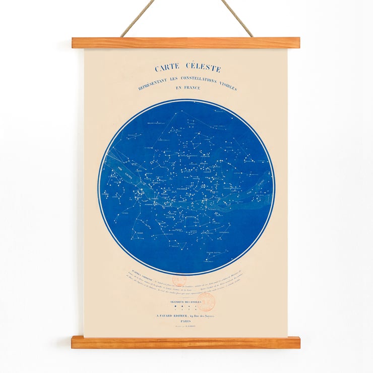 Carte céleste représentant les constellations visibles en France by R Barbot featuring a detailed star map on a blue background. Poster of a celestial map of constellations visible in France titled Carte céleste by R. Barbot.