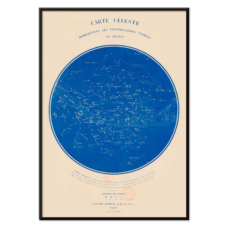Carte céleste représentant les constellations visibles en France by R Barbot featuring a detailed star map on a blue background. Poster of a celestial map of constellations visible in France titled Carte céleste by R. Barbot.