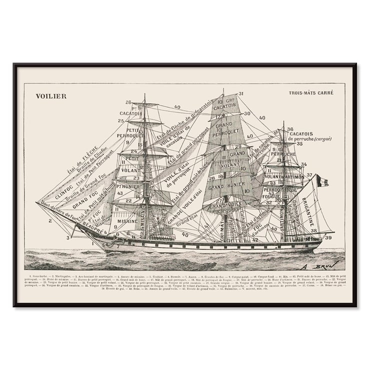 Illustration of a sailing ship by Claude Augé titled Voilier from Le Larousse pour tous. Poster of a detailed illustration of a sailing ship labeled with parts by Claude Augé titled Voilier.