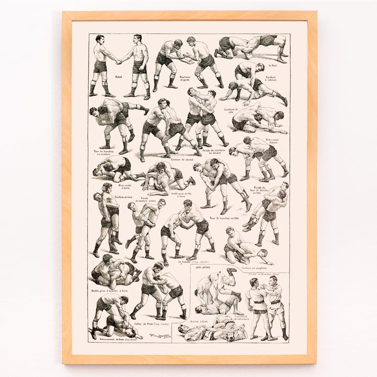 Illustration of various wrestling techniques by Claude Augé titled Lutte From Le Larousse pour tous. Poster depicting various wrestling techniques from Lutte From Le Larousse pour tous by Claude Augé with illustrations of wrestlers.