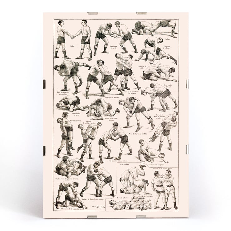 Illustration of various wrestling techniques by Claude Augé titled Lutte From Le Larousse pour tous. Poster depicting various wrestling techniques from Lutte From Le Larousse pour tous by Claude Augé with illustrations of wrestlers.