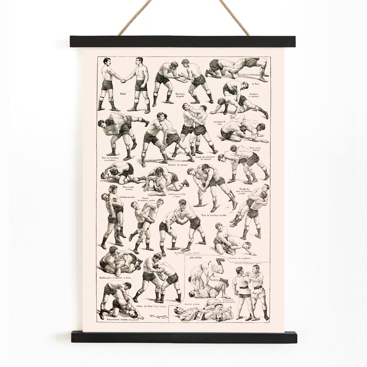 Illustration of various wrestling techniques by Claude Augé titled Lutte From Le Larousse pour tous. Poster depicting various wrestling techniques from Lutte From Le Larousse pour tous by Claude Augé with illustrations of wrestlers.