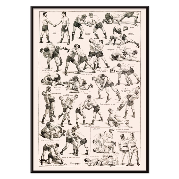 Illustration of various wrestling techniques by Claude Augé titled Lutte From Le Larousse pour tous. Poster depicting various wrestling techniques from Lutte From Le Larousse pour tous by Claude Augé with illustrations of wrestlers.