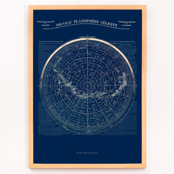 Nouveau Planisphère Céleste by Léon Jaubert showcases a detailed celestial map. Poster of a celestial map Nouveau planisphère céleste by Léon Jauréguy displaying constellations and astronomical details.