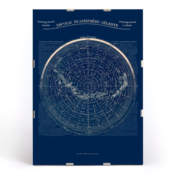 Nouveau Planisphère Céleste by Léon Jaubert showcases a detailed celestial map. Poster of a celestial map Nouveau planisphère céleste by Léon Jauréguy displaying constellations and astronomical details.