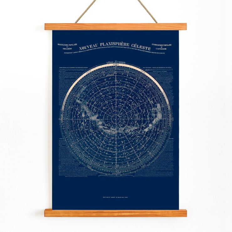 Nouveau Planisphère Céleste by Léon Jaubert showcases a detailed celestial map. Poster of a celestial map Nouveau planisphère céleste by Léon Jauréguy displaying constellations and astronomical details.