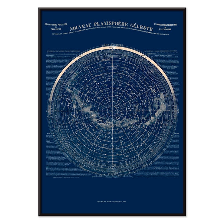 Nouveau Planisphère Céleste by Léon Jaubert showcases a detailed celestial map. Poster of a celestial map Nouveau planisphère céleste by Léon Jauréguy displaying constellations and astronomical details.