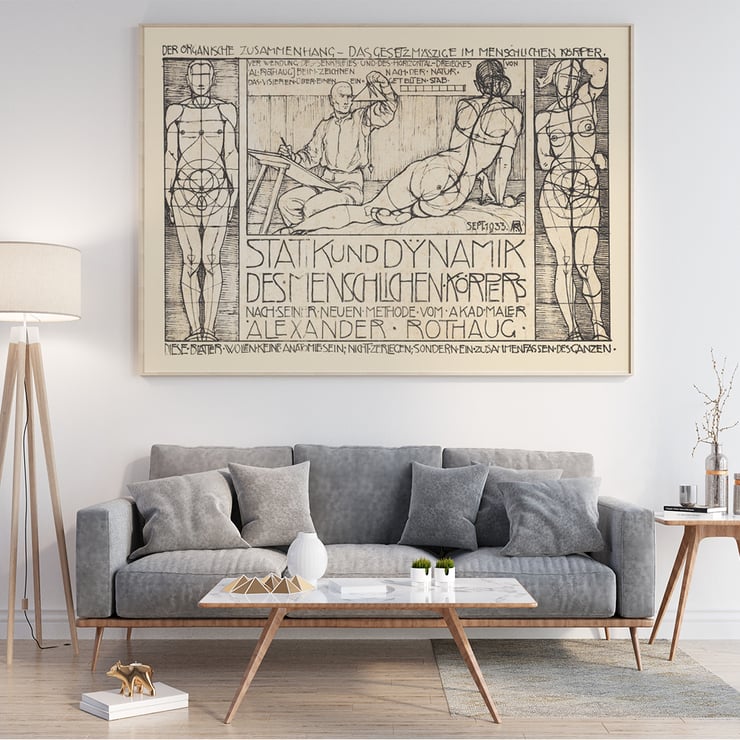 Poster of human body sketches with geometric overlays by Alexander Rothaug titled Static and dynamic of the human body.