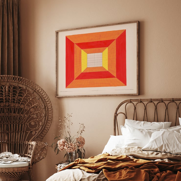 Geometric design artwork by Winold Reiss titled Design for Dunhall’s Restaurant New York NY. Poster of geometric abstract artwork Design for Dunhalls Restaurant New York NY by Winold Reiss featuring bold colors.