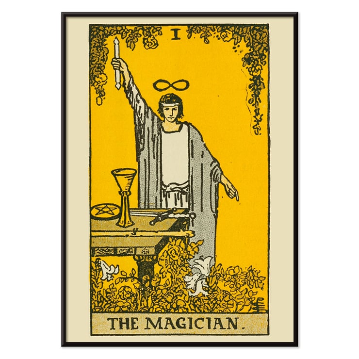 Der Magier aus dem illustrierten Schlüssel zum Tarot von Lauron William de Laurence zeigt eine Figur mit erhobenem Zauberstab und einer Tabelle mit Symbolen Poster der Tarotkarte „Der Magier“ zeigt eine Figur mit erhobenem Arm und Symbolen von Lauron William de Laurence.