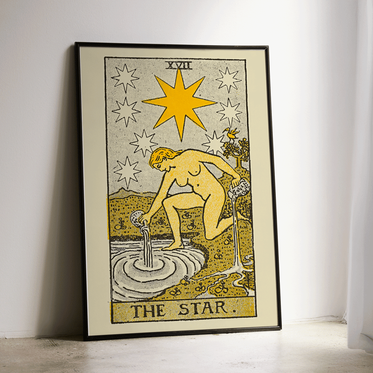 The Star tarot card by Lauron William de Laurence featuring a woman with jugs under starlit sky. Tarot poster featuring The Star by Lauron William de Laurence with a woman pouring water under a night sky with stars.