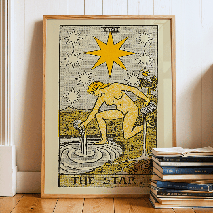 The Star tarot card by Lauron William de Laurence featuring a woman with jugs under starlit sky. Tarot poster featuring The Star by Lauron William de Laurence with a woman pouring water under a night sky with stars.