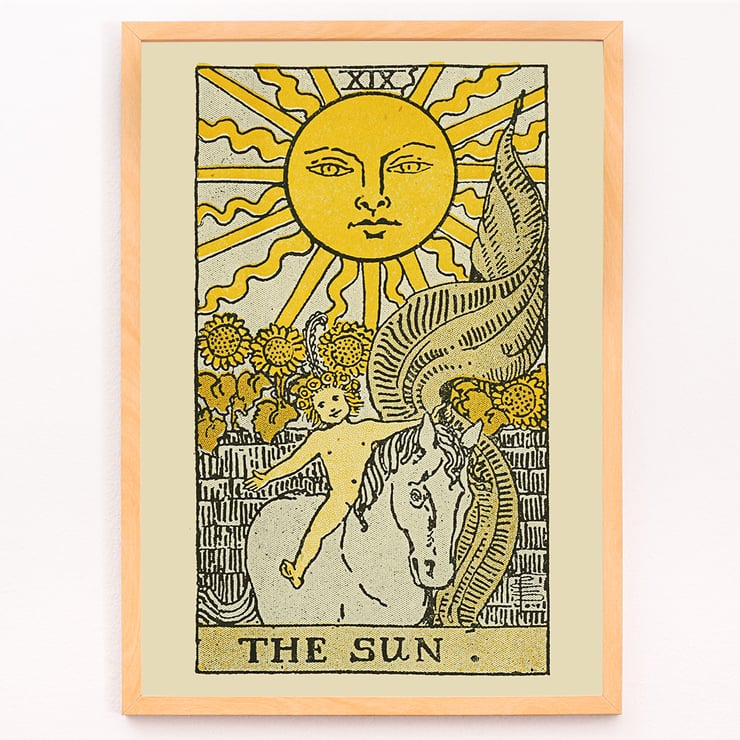 Tarot card illustration The Sun from The Illustrated Key to the Tarot by Lauron William de Laurence featuring a radiant sun above a child riding a white horse. Tarot card poster featuring The Sun by Lauron William de Laurence from The Illustrated Key to the Tarot.
