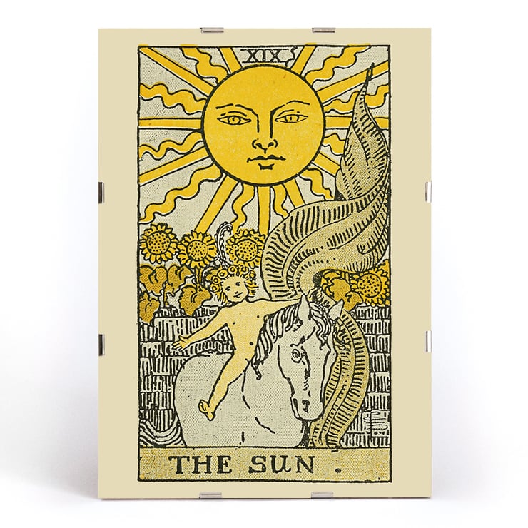 Tarot card illustration The Sun from The Illustrated Key to the Tarot by Lauron William de Laurence featuring a radiant sun above a child riding a white horse. Tarot card poster featuring The Sun by Lauron William de Laurence from The Illustrated Key to the Tarot.