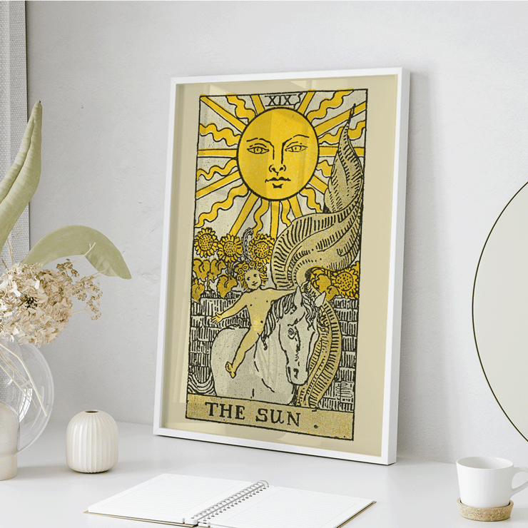 Tarot card illustration The Sun from The Illustrated Key to the Tarot by Lauron William de Laurence featuring a radiant sun above a child riding a white horse. Tarot card poster featuring The Sun by Lauron William de Laurence from The Illustrated Key to the Tarot.