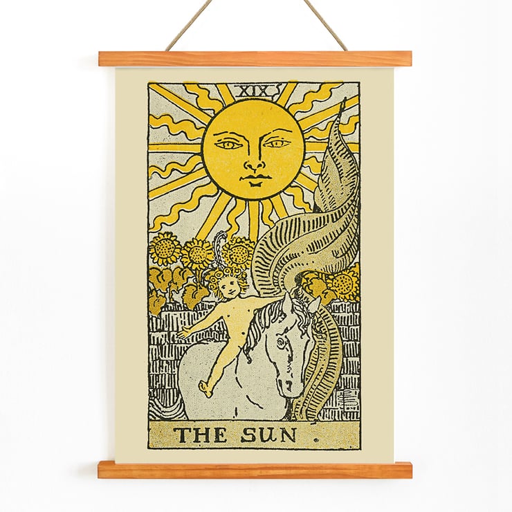 Tarot card illustration The Sun from The Illustrated Key to the Tarot by Lauron William de Laurence featuring a radiant sun above a child riding a white horse. Tarot card poster featuring The Sun by Lauron William de Laurence from The Illustrated Key to the Tarot.