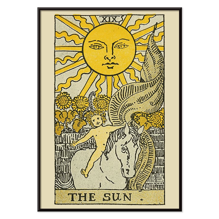 Tarot card illustration The Sun from The Illustrated Key to the Tarot by Lauron William de Laurence featuring a radiant sun above a child riding a white horse. Tarot card poster featuring The Sun by Lauron William de Laurence from The Illustrated Key to the Tarot.