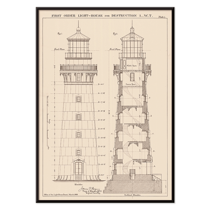 Section and Elevation Drawing for the Lighthouse at Destruction Island Washington by James G Hill Poster with section and elevation drawings of the lighthouse at Destruction Island Washington titled Section and Elevation Drawing for the Lighthouse at Destruction Island Washington