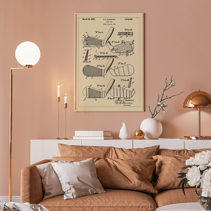 Detailed golf club patent illustration by artist G.E. Barnhart titled Golf Club Patent 2 Poster of a patent sketch of a golf club showing detailed diagrams of its parts labeled with fig numbers by the artist George E Barnhart