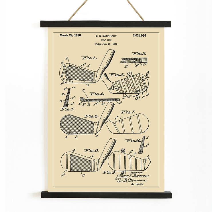 Detailed golf club patent illustration by artist G.E. Barnhart titled Golf Club Patent 2 Poster of a patent sketch of a golf club showing detailed diagrams of its parts labeled with fig numbers by the artist George E Barnhart