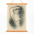 Poster of Toaleta by Mikuláš Galanda depicting a minimalistic black outline of a nude woman adjusting her hair.