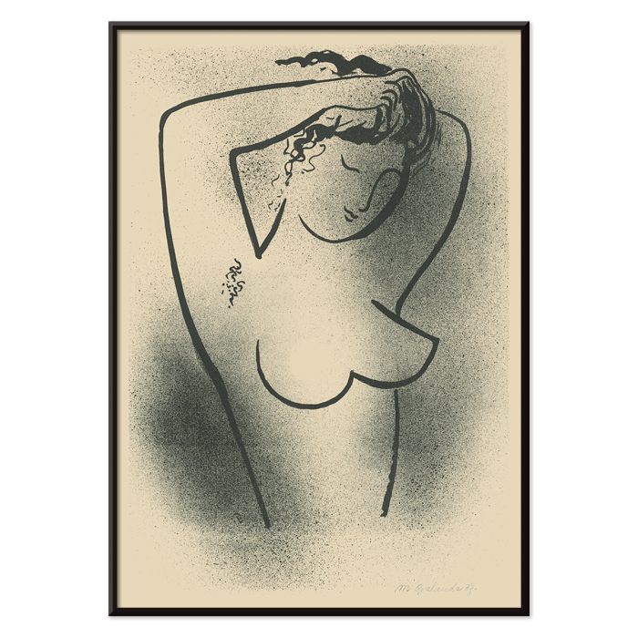 Poster of Toaleta by Mikuláš Galanda depicting a minimalistic black outline of a nude woman adjusting her hair.